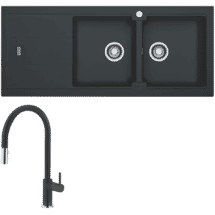 Franke Bali Double Bowl Sink with Left Hand Drainer and Verona Pull-Out Tap - Onyx