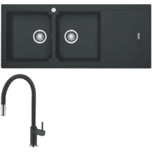 Franke Bali Double Bowl Sink with Right Hand Drainer and Verona Pull-Out Tap - Onyx